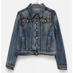 Earl Jean Women's Embellished Rhinestones Button-Up Blue Denim Jacket Size L